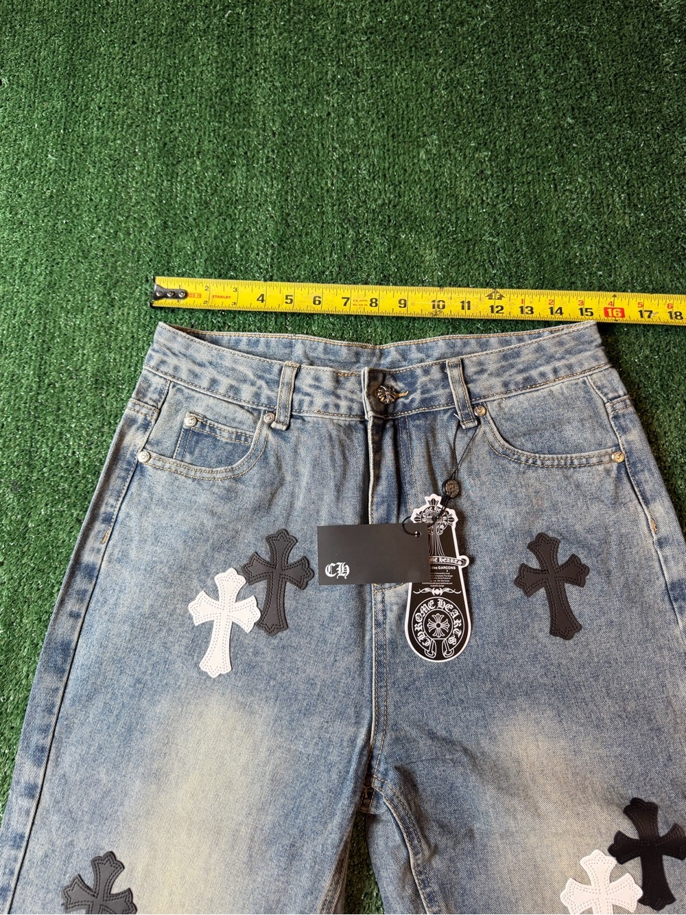 Light Blue Men’s Straight Denim Jeans with Black & White Cross Patches - Picture 7 of 11